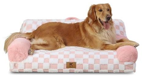KSIIA Grand Canapé Panier Chien Dehoussable Lavable 104x69 cm, Lit pour Chien Orthopédique, Panier Chat Moelleux Confortable, Base Antidérapante, Canapé pour Chien avec Accoudoirs et Dossier, Rose