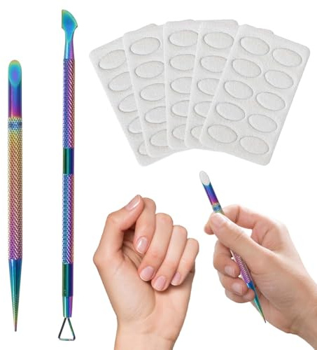 2 Piezas Empujador de Cutículas 2 en 1 con 5 Piezas Papel de Lija Autoadhesivo, Removedor de Cutículas de Acero Inoxidable, Empujador de Uñas para Manicura, Pedicura, Cuidado de Uñas