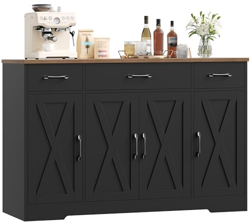 HOCSOK 140 cm Credenza Cucina, Mobile Cucina con 3 Cassetti e 4 Armadi, Buffet Mobile Moderno, Credenza Soggiorno, Mobile per Cucina Ingresso Foyer, Sala da Pranzo, Nero+Marrone