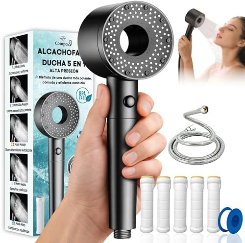 CompaSJ - Alcachofa de ducha con Filtro - Cabezal de Ducha de Alta Presión con Manguera 1,5 M - 5 Filtros Antical + PTFE - 5 Modos de Rociado, Mejora la Calidad del Agua, Ahorro de Agua - Libre de BPA