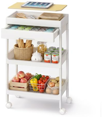 SONGMICS Chariot de Rangement, 3 Niveaux, Desserte sur roulettes, Étagère, avec Plateau Amovible et Tiroir, en Plastique, Montage Facile, Cuisine, Blanc et Doré Chêne BSC069W101