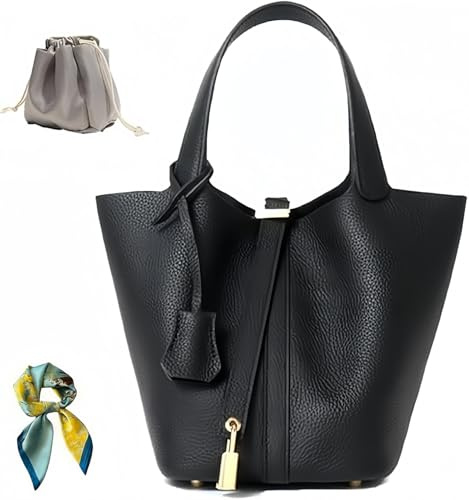 Genuine Cow Hide Leather Bucket Bag for Women with Functional Lock, Classic Designer Inspired Top-Handle Handbag, Small Hand-Carry Tote Purse (Black)
