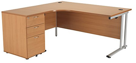 Office Hippo Heavy Duty Left Corner Radial Desk With 3 Drawer High Storage, Home Office PC Desk, Silver MFC - Beech Frame, 160cm x 160.4cm