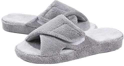 shevalues Summer Arch Support Slippers for Women Adjustable Terry Cloth Fuzzy Indoor Slippers Open Toe House Shoes, Grey 8-8.5 Women/6.5-7 Men