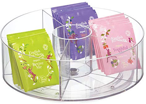 iDesign Cabinet Binz Divided Rotating Turntable Tea Packet Organizer, 9 x 9 x 3.01, Clear