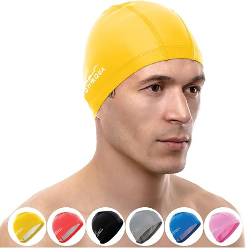 AqtivAqua Badekappe Herren Damen Mädchen Jungen Kinder Spandex Stoff Schwimmkappe Badekappen Schwimmhaube (Farbe Gelbe, Erwachsenengröße)