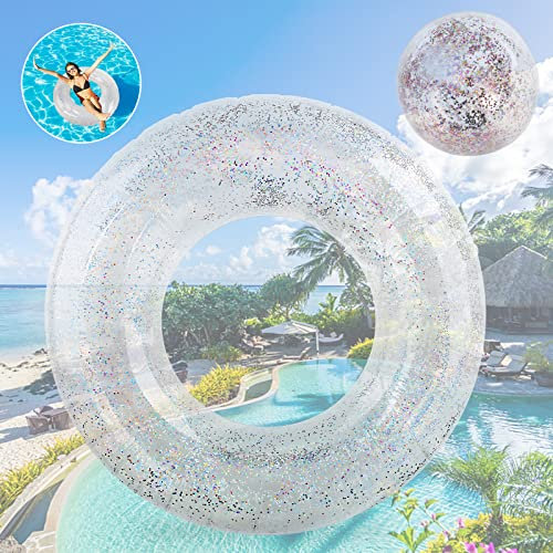 Schwimming Ring Erwachsene, Regenbogen Pailletten Schwimmenring Mit Wasserball, Transparenter Floating Ring, Dauerhafter Aufblasbarer Pool Schwimmen, Schwimmring Röhre Für Sommerpool Party