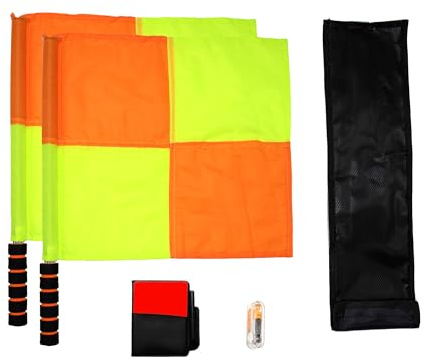 Soccer Referee Flag,Checkered Linesman Flags Set with Case，Metal Pole Foam Handle water Proof，Red Yellow Cards with Notebook and Pencil,Coach Stainless Steel Whistles with Lanyard 2Pcs (Style 2)
