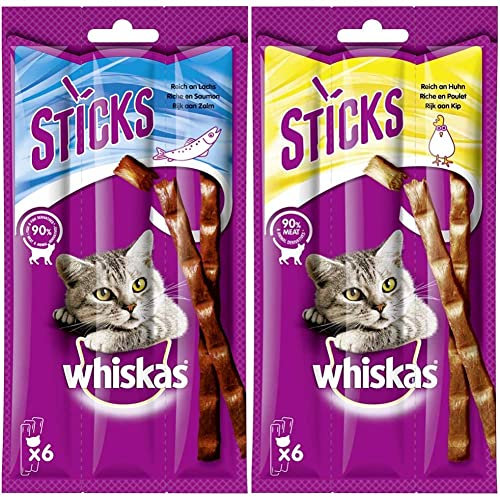 Whiskas Sticks – Katzensnack mit Lachsgeschmack – Unwiderstehliches Geschmackserlebnis – Viele Vitamine und Mineralstoffe – 14 x 36g & Sticks – Katzensnack mit Hühnchengeschmack – 14 x 36g