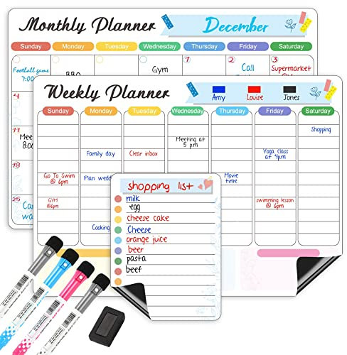 Sliandtelly Magnetic Whiteboard Calendar for Fridge, 3pcs Dry Erase Monthly & Weekly Planner Board & Note-Pad for Home Kitchen | Reusable for Family Reminder Memo Schedule | with 4 Markers & Eraser