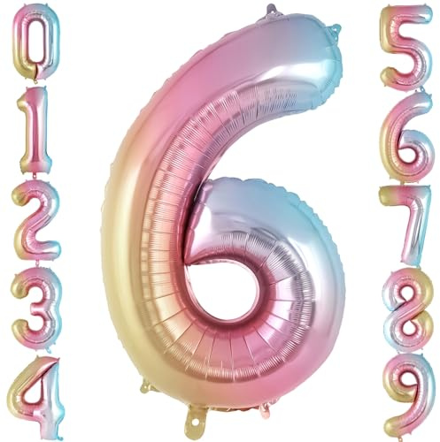 Rainbow Gradient Number 6 Balloon, 40 Inch Big Large Foil Number Balloons, Jumbo Mylar Number 6 Balloons for 6 Year Old Birthday Party Decorations Supplies Anniversary Celebration