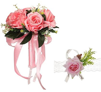 XIZHI Bouquets de mariage pour mariée avec rose au poignet - Bouquet de demoiselle d'honneur - Ruban en soie synthétique pour mariage, Saint-Valentin, fête, bal de fin d'année (rose)