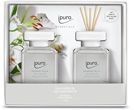 ipuro – Essentials vit lilja, rumsfräschare med persika, lilja i dalen, jasmin, kryddnejlika, vit mysk och cederträ doft aromspridare med pinnar, luftfräschare för hemmet