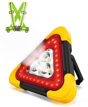 Triangolo Luminoso, Segnale di Triangolare, Triangoli per Auto, Triangolo di Sicurezza, Luce di Allarme da 30 W, Luce di Emergenza Portatile, Impermeabile, 3 Modalità, Strisce Riflettenti Incluse.