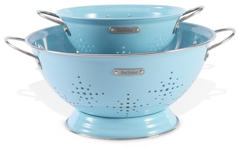 Metal Colander 2 Pack, Strainer Bowel with Handles 2Qt & 6Qt Powder Coated Solid Ring Base Heavey Duty Kitchen Drainer Basket for Pasta Veggies and Fruits,New Home Apartment Essentials (ArcticBlue)