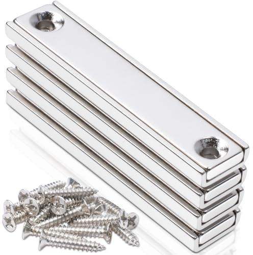 4 Magneti al Neodimio Extra Forti, 60x13,5x5mm, Avvitabili, Rettangolari, con Foro, Chiusura Magnetica, a Testa Svasata