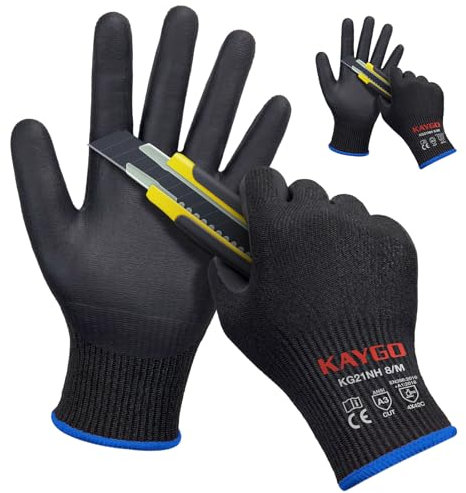 KAYGO 2 Paar Arbeitshandschuhe Schnittfest Level 5, KG21N, Nitril Beschichtet Rutschfester Griff, Maschine Waschbar, EN388 4X42C Schnittschutz Handschuhe für Schneiden, Lager, Bau (Schwarz, M, Gr 8)