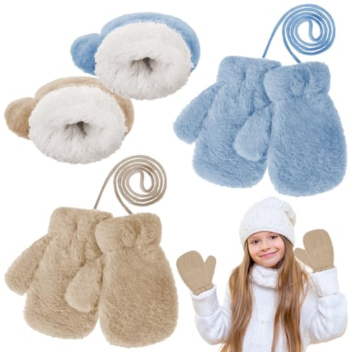 Yimomoyi Manoplas Cálidas para Niños, 2 Pares Guantes Invierno con Forro Polar, Manopla de Nieve de Invierno con Cuerda Cuello, Mitones Cálidos de Invierno para Niños 3-7 años, 18*9cm (Caqui + Azul)