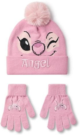 Disney Lilo & Stitch Mädchen-Beanie-Mütze und Handschuhe-Set | Rosa gestrickte Wintermütze mit Engelsgesicht | Bommelmütze für Kinder in Einheitsgröße mit Handschuhen mit Wärmeübertragungsdruck