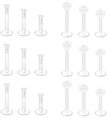 NIUSIMAN 18PCS 16G Clear Push Top Piercing Retainers Earrings For Work, Bioflex Lip Rings Labret Helix Tragus Medusa Monroe Retainer For Women Men 6-10mm Bar Length