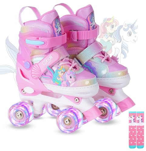 Girls Roller Skates for Kids Ages 3-12 Adjustable Light Up Roller Skates for Toddlers Beginners Boys Unicorn Mermaid Rainbow Gift for Indoor Outdoor Sports