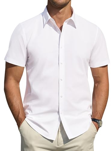 J.VER Men's Short Sleeve Dress Shirt Stretch Stain Shield Plain Shirts Regular Fit Business Casual Smart Button Down Shirt