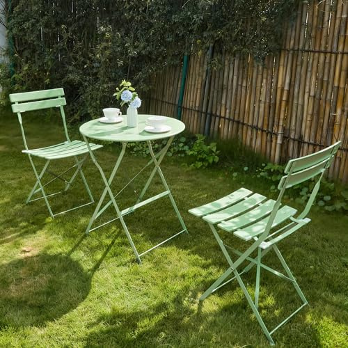 RELAX FIELD Juego de muebles de jardín resistentes a la intemperie, juego de muebles de balcón de 3 piezas para pequeños balcones, mesa de bistró con 2 sillas, juego plegable, color verde