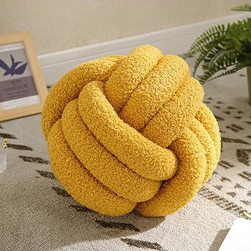 HshDUti Knot Pillow Ball, Soft Home Decorative Round Throw Pillow, Handmade Knotted Plush Pillow, Round Boucle Pillow Cushion, Aesthetic Knot Plush Decorative Pillows for Bed Sofa Couch Yellow
