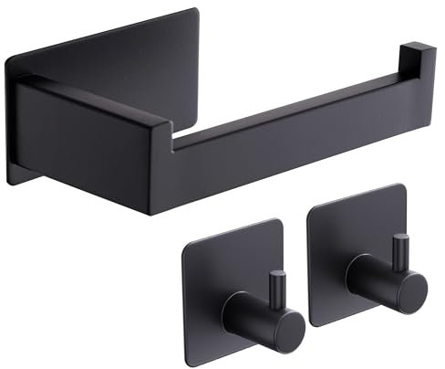 Aikzik Toilet Roll Holder Wall Mounted, Premium 304 Stainless Steel Toilet Paper Holder Self Adhesive and 2 Adhesive Hooks for Bathroom & Kitchen, Strong Adhesiveness and Waterproof, Black