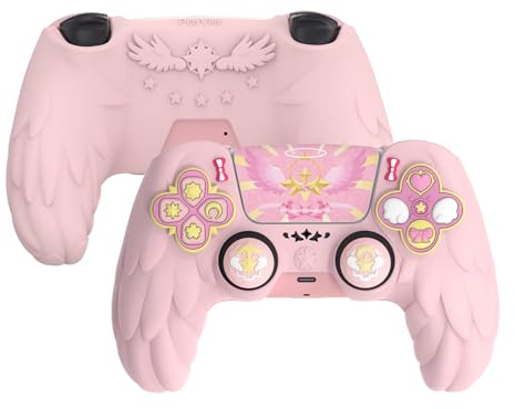 playvital Magic Wings Schutzhülle für PS5 Controller, Weiche Hülle Rutschfestes Case Cover, Griff Silikonhülle für PS5 Controller mit Daumenkappen & Sticker, Ladegerät-kompatibel, Pink