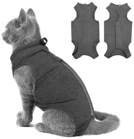 YUVKIN Body Gatto Post Operatorio, Tutina per Gatti Sterilizzazione, Alternativa al Collare Elisabettiano, Abbigliamento Morbido e Traspirante per Malattie della Pelle e Ferite (Grigio) (M)