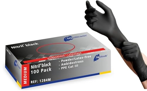 Meditrade Nitril® Black Nitrile Examination Gloves - Powder-Free, Latex-Free, Multi Use Protective Exam Gloves - Size Medium - Black - 100pcs