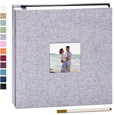 Yopih Self Adhesive Photo Album 28 * 27cm Scrapbook Album with Window 40 Double Sided Pages Linen Hardcover with A Metallic Pen DIY Anniversary Memory Book for Baby Wedding Family