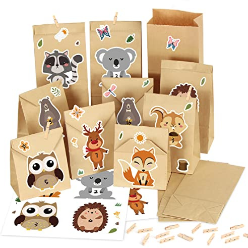 Calendriers de l'Avent,24 Papier Kraft Set de Sacs Calendrier, Calendriers de Noël,DIY Sacs pour Calendrier de l'Avent à Remplir,Cadeaux de Sachets en Papier Kraft,Sacs Cadeau Noël avec Autocollants