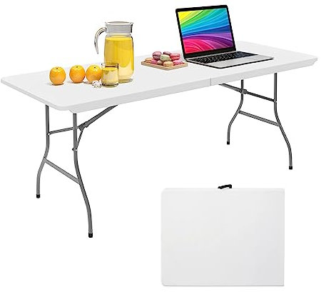 Todeco Table Pliante Camping, Table de Jardin Plastique, Traiteur Pliante Table en HDPE, Pieds en Acier Pelliculé Gris, 180 x 74 cm, Table Transportable pour BBQ Barbecue Pique-Nique