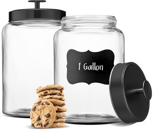 KooK Glass Kitchen Canister Set, Food & Storage Containers for Pantry, Bathroom Apothecary Jars, Tinplate Airtight Lids, Counter Organizers (Extra Large, 1 G, Black)