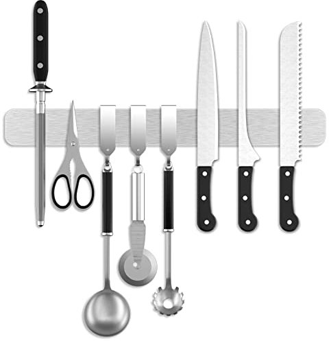 Porta Coltelli Cucina con 3 Ganci, 40cm Portacoltelli Magnetico in Acciaio Inox, 16in Barra magnetica per Coltelli, Ceppo Coltelli da Cucina, Blocco Magnetico del Coltello per Utensili de Cucina