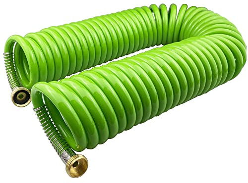 Darnassus Heavy-duty PU Coil Hose, Self-Coiling Garden Hose with Solid Brass Fittings, Retractable, Corrosion Resistant, for Household (50 FT, Green)