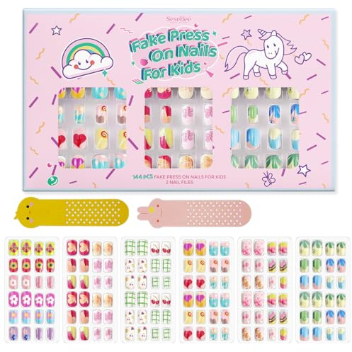 144Pcs 6 Pack Press on Nails for Kids Children Acrylic Fake Nails Pre-glue Full Cover Glitter Gradient Color Flower Pattern Short False Nail Art Kits Sets Valentines Day Gifts for Kids Girls