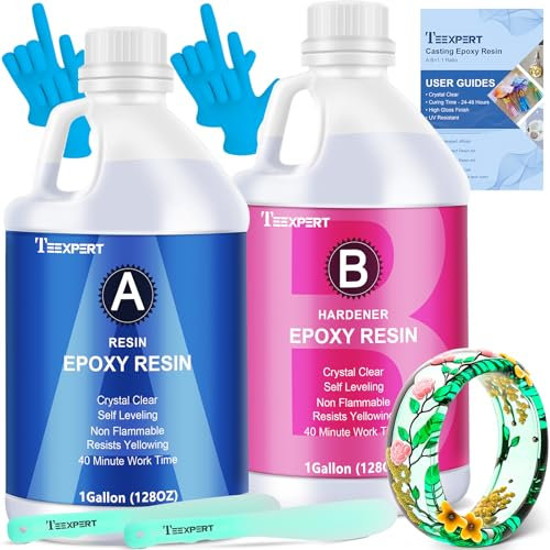 Teexpert Epoxy Resin Crystal Clear Kit 2 Gallon Casting Resin Self-Leveling Bubbles Free Resin and Hardener Kit for DIY Decorative Jewelry Coasters Table Top Ornaments Trays Wood
