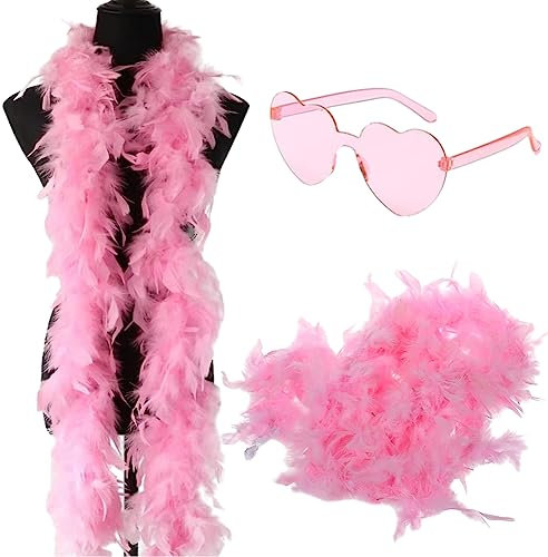 Modischer Federboa, Flauschige Feder Boa für Damen Türkei Federn Schal für Damen Kostüm Requisiten mit Rosa Randlosen Herzbrille Für Cosplay, Karneval Party,Bühnenshows, Kostüm Party(200cm,Rosa)