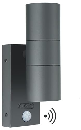 Kerry Outside Wall Lights with Sensor, IP65 Waterproof Up Down Outdoor Lighting, External Pir Wall Mount Security Light, Anthracite Grey Stainless Steel Exterior Light Mains Powered (Bulb Excl.)