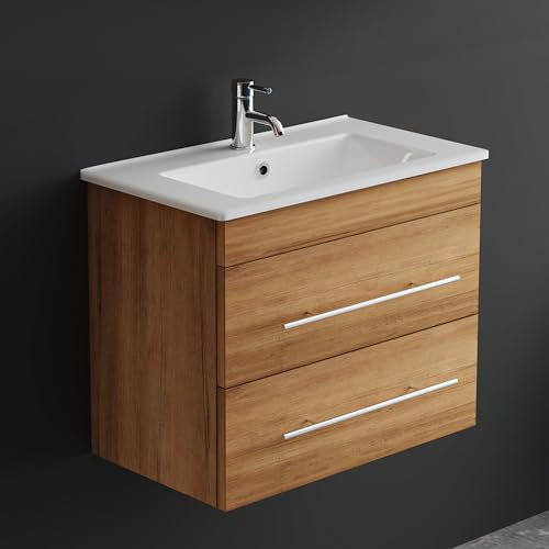 Alpenberger Badmöbel Set mit Waschbecken | Badschrank mit 2 Schubladen | Hängeschrank Bad | Waschtisch mit Unterschrank | Badezimmer Möbel | Waschbeckenunterschrank 60 cm Breit - Bamboo