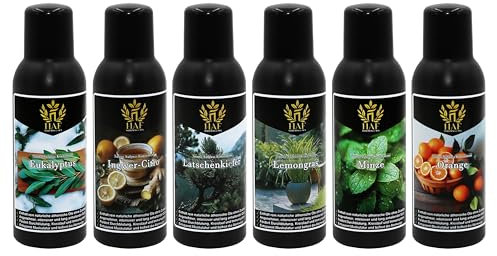 HAF® Saunaaufguss Konzentrat Set Frische Briese | 6 x 100 ml Saunaduft mit Eukalyptus, Ingwer Citro, Minze, Latschenkiefer, Lemongras, Orange | Saunaöl aus 100% natürlichen ätherischen Ölen