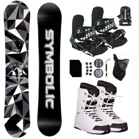 Symbolic Platinum Airtracks Men Snowboard & Bindings & Boots & Leash & Stomp & Gaiter Complete System Package Freeride Freestyle (155 cm, 7 Men/Kid(Eu39) at White+BLK Bindg)