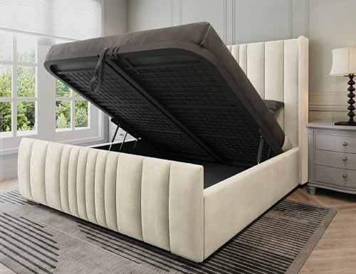 Furnishion Manhattan Ottoman Bed Double 4ft6, Plush Velvet Gas Lift Double Beds Frame with Storage, Luxury Frame with Headboard, Space Saving Ottoman Bed for Stylish Bedrooms in Cream Plush