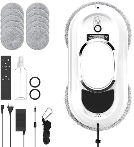 Robot Limpiacristales 5600Pa, Robot Limpia Cristales Ventanas con 3 Modos de Limpieza, Sistema de Seguridad, Detección Inteligente de Bordes, Control Remoto y 10 piezas de tela, para Superficies Lisas