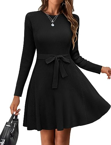 HOTOUCH Jumper Dress for Women UK Knitted A-line Casual Dress Longsleeve Crewneck Bodycon Dresses with Belt Black XXL
