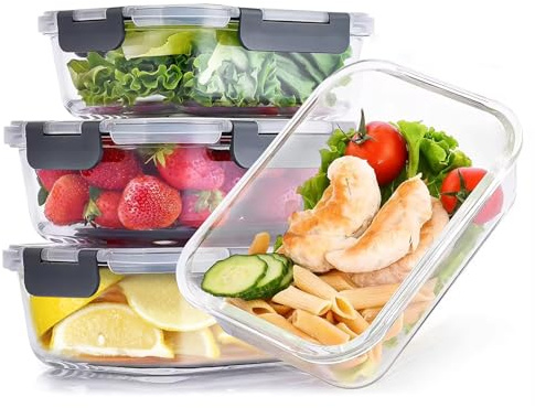Woobroo Glass Container Food Storage with Lids, 4 Pack Meal Prep Containers Set, Airtight Lunch Containers, Leak Proof, BPA Free Glass Lunch Bento Boxes for Microwave, Oven, Freezer and Dishwasher