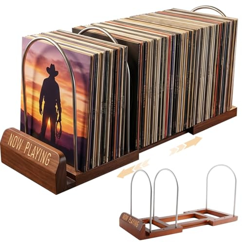 Furnetra Almacenamiento de discos de vinilo expandible para 30-70 LPs, soporte de vinilo de madera y metal, para álbumes, estantería, organizador